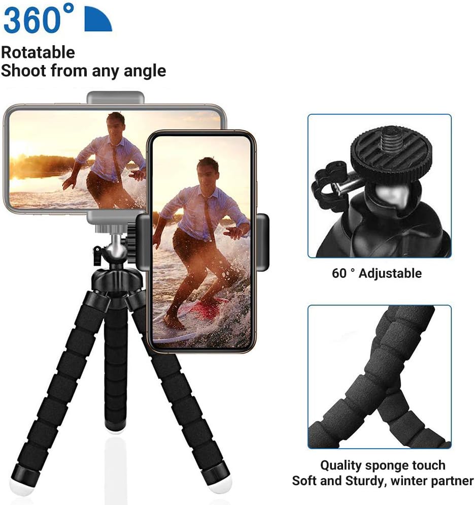 Phone Tripod, Camera Flexible Tripod with Bluetooth Remote and Universal Clip, 360° Adjustable Mini Travel Tripod Portable Camera Stand Holder for iPhone Android GoPro Selfie SLR Sports Camera : Camera & Photo