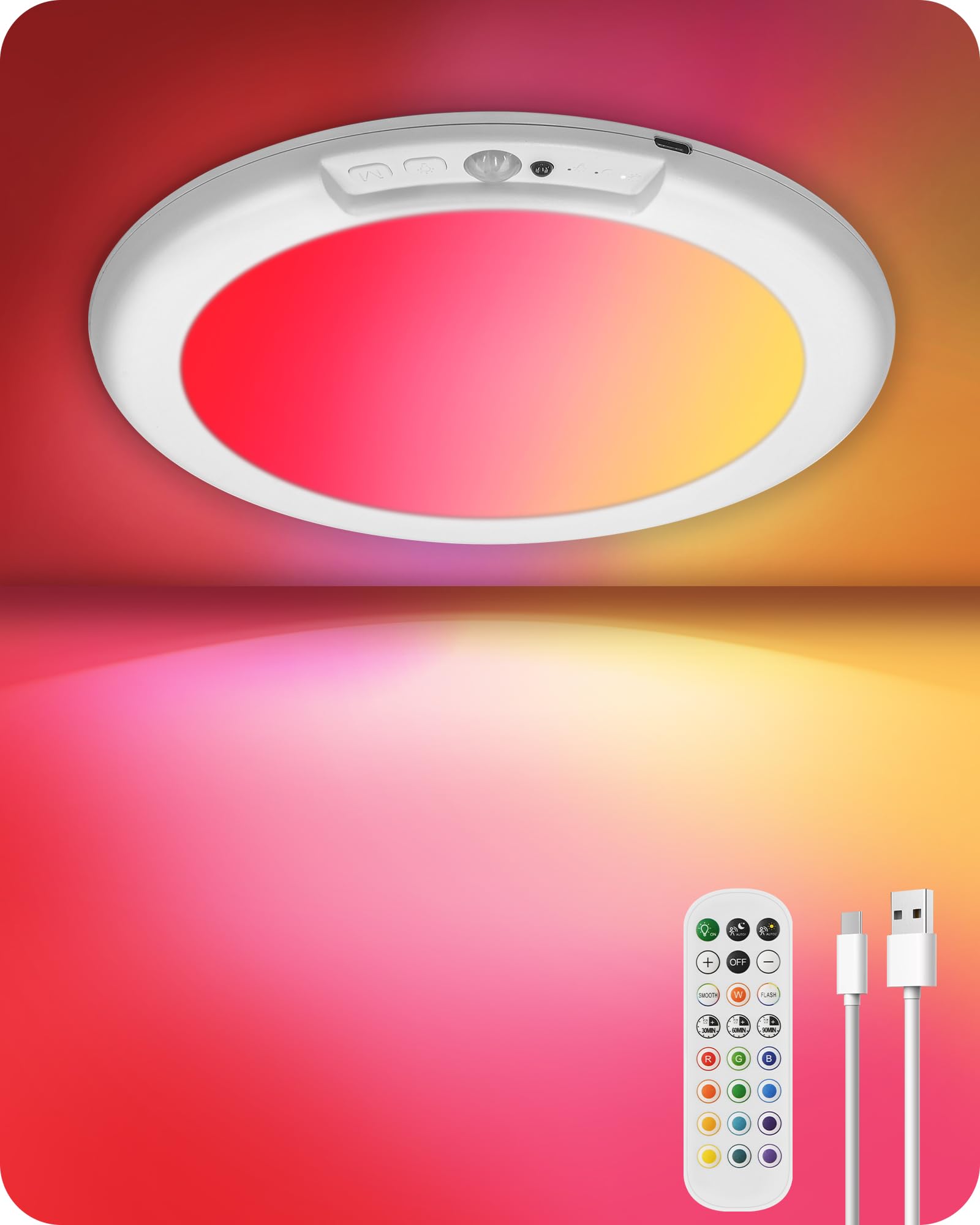 Photo 1 of Motion Sensor Rechargeable Shower Light for Inside Shower with Remote, RGBW Battery Operated Ceiling Light, Wireless, Color-Changing Ambient Light, Warm-to-Cool Whites, Dimmable, Timer, Magnetic