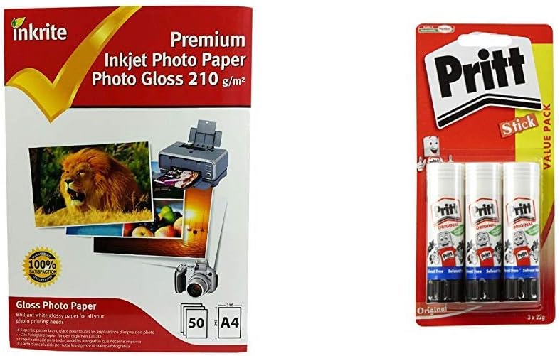 Inkrite A4 210 GSM Premium"PhotoPlus" Professional Photo Gloss Paper (Pack of 50 Sheets) &Pritt Stick Original Glue Stick - Multi Pack 3 x 22g - Childproof and washable for paper, cardboard and felt