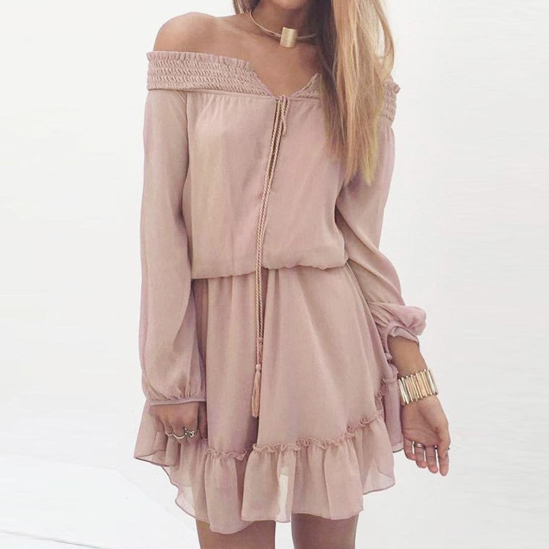 Women Dress, Kstare Bohemian Chiffon Off Shoulder Casual Sexiness Of Slash Neck Dress (XL, Pink)