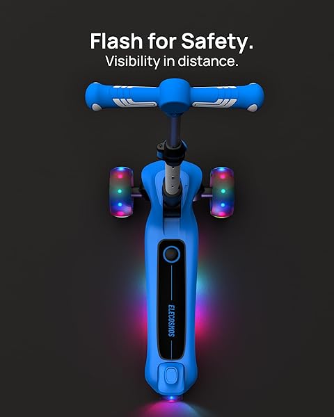 ELECOSMOS KIDS ELECTRIC SCOOTER FOR AGE 4-9, LIGHT UP 3 WHEELED SCOOTER WITH BIG LED WHEELS, FLASHING DECK, 3 ADJUSTABLE HEIGHTS, LIGHT UP 3-WHEELS SCOOTERS, BALANCE TRAINING SCOOTER FOR KIDS, BLUE