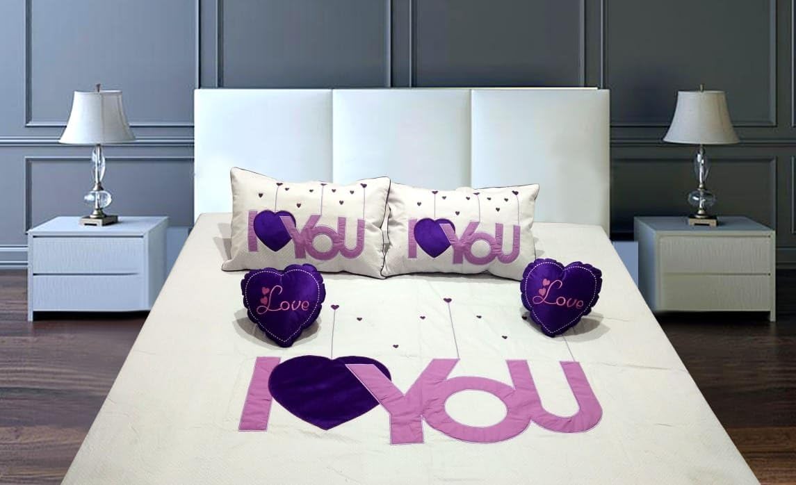 Raedial Arts I Love You Patch Designer Cotton Double Bedsheet for Couples with 2 Pillow Covers and 2 Heart Cushion (Purple)