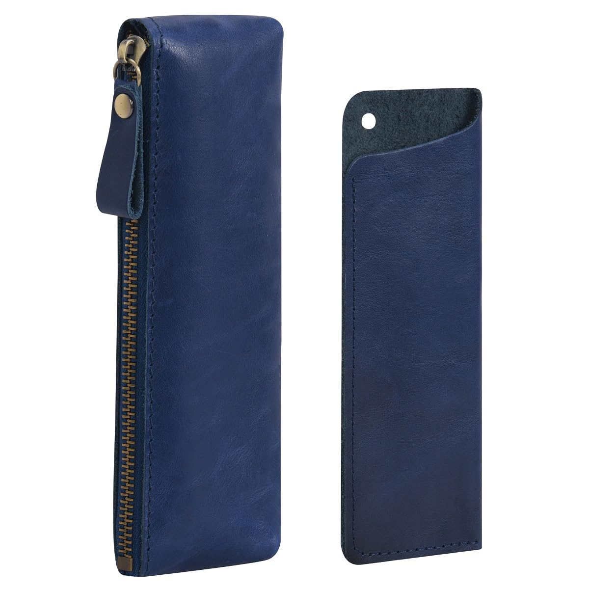 WONDERPOOL Leather 1pc Pencil Case & 1pc Fountain Pen Holder - Portable Compact Drawing Marker Pen Stationery Pouches for School Office Travel Organizer (Blue)
