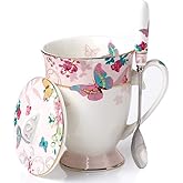 YBK Tech Euro Style Porcelain Tea Cup Coffee Mug with Lid for Breakfast Home Kitchen (((Butterflies Pattern) (Pink)))