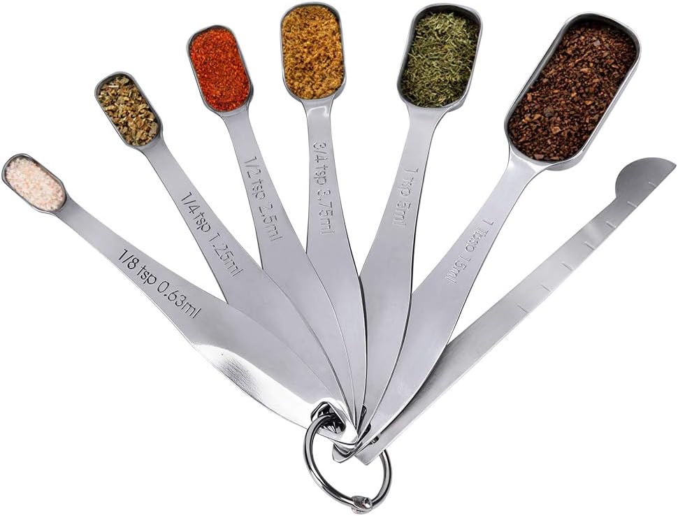 ZOORON Measuring Spoons Set Stainless Steel with Leveler and Ring Holder Fits in Spice Jars for Tiny Dry and Liquid Ingredients,Set of 7