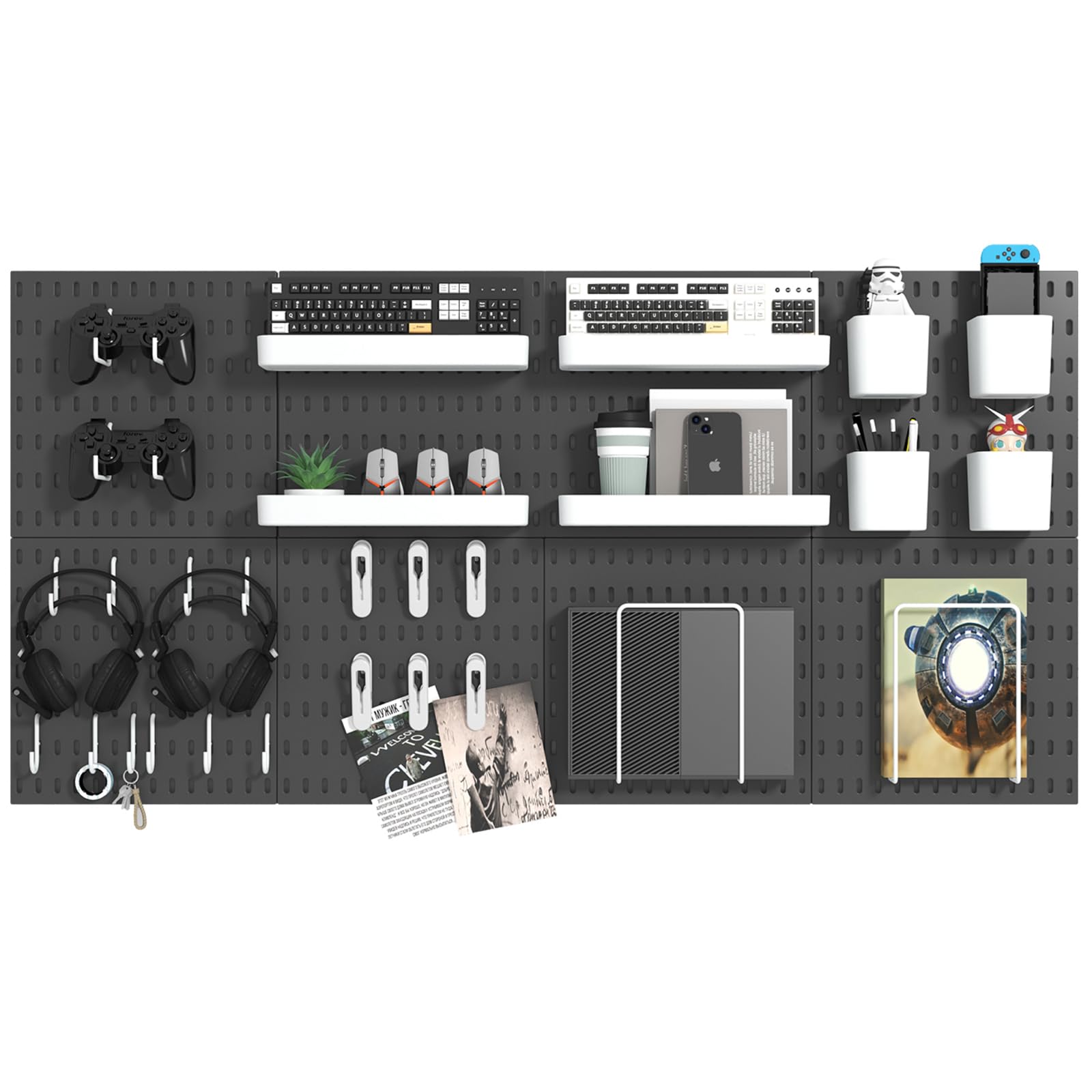 Photo 1 of VEOFEMLEA Pegboard Combination Kit, 8 Peg Boards and 30 Accessories Modular Hanging Black Pegboard for Wall, Office Organizer, Keys Holder, Nursery Storage, 44"x22"