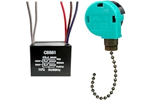 YukiHalu Ceiling Fan Pull Chain Switch 3 Speed 4 Wire, Ceiling Fan Capacitor CBB61 4.5uf + 6uf + 5uf 5 Wire 250V, Light Switch for Fan and Light (Antique)