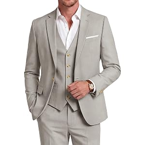 IDIEWDD Linen 3 Piece Suit for Wedding for Men Notched Lapel Tuxedo Formal Slim Fit Jacket Vest Pant Set Business Suits