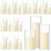 Shihanee 60 Pcs Pillar Candles and Glass Cylinder Vases Clear Cylinder Holders for Slim Pillar Candles Table Decoration (Ivory White)