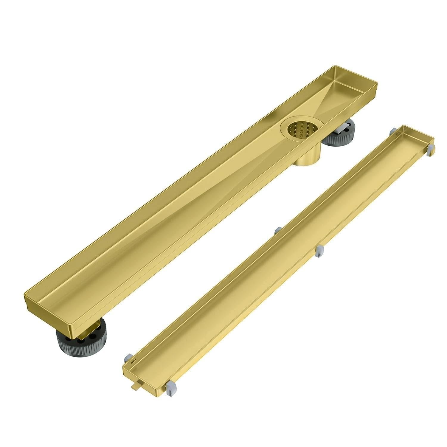 Photo 1 of EXF Offset Linear Shower Drain 24 Inch Brushed Gold with Reversible Tileable Cover, Stainless Steel Rectangle Shower Floor Drain with Hair Catcher, Adjustable Feet