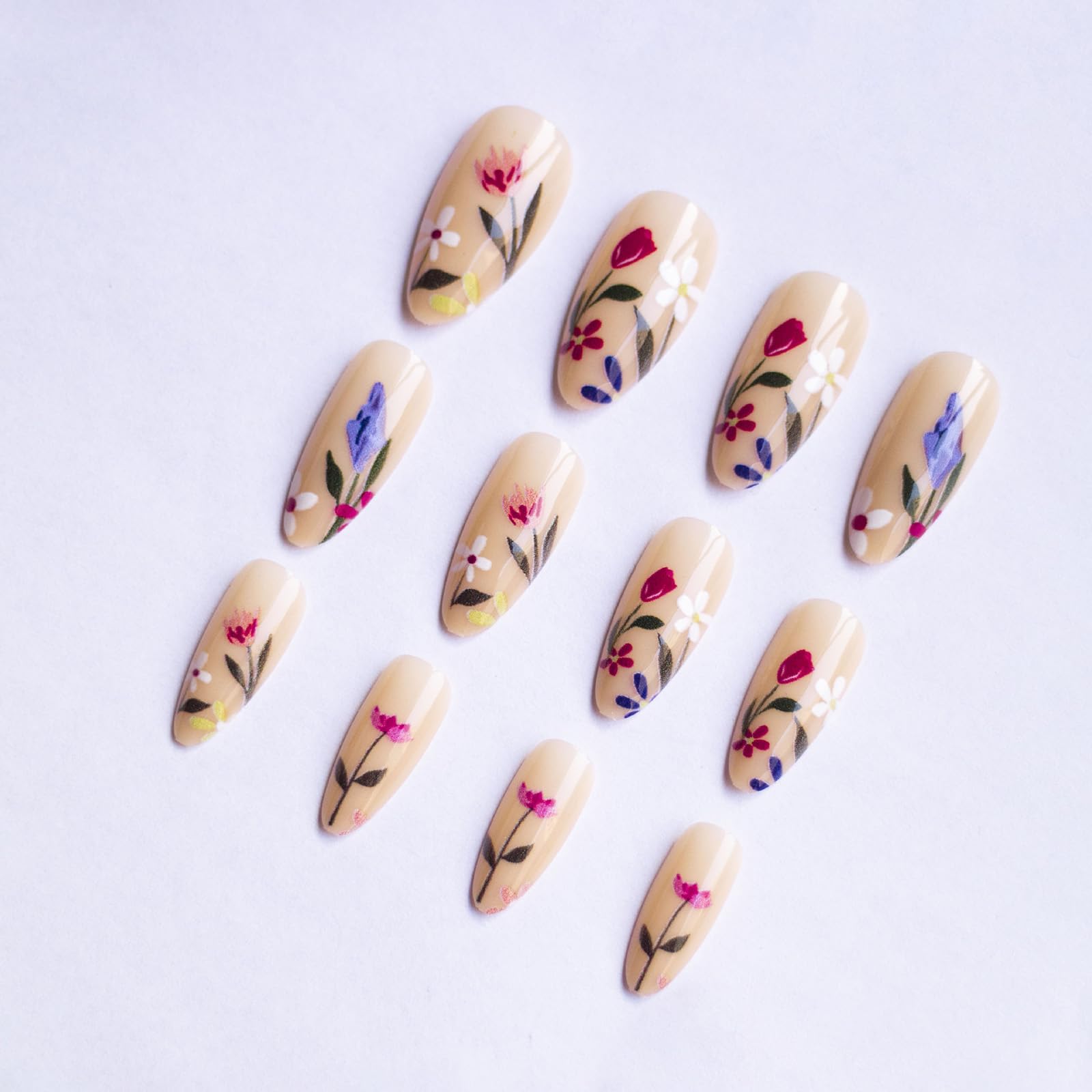 Almond Spring Press on Nails Colorful Flower Fake Nails Glossy Finish Acrylic Nails Press ons with Flowers Designs Cute Floral Finger Manicure Nail Kit Spring Summer Glue on Nails for Women 24Pcs - Image 3