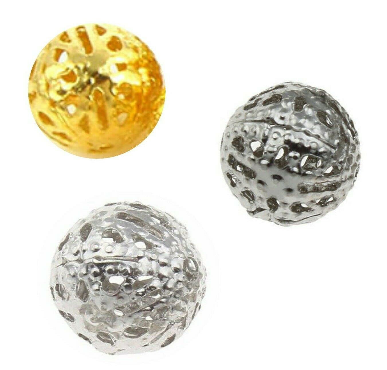 150 Pieces Brass Metal Beads Filigree Beads Spacer Set 10 mm Platinum Silver Gold Hollow Ball Loose Spacer Beads Intermediate Parts Round for Jewellery Making