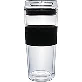 Double Wall Glass Tumbler 10 ounce All Glass Reusable Insulated Tea/Coffee Mug & Lid, Hand Blown Glass Travel Mug (10 ounce) No Leaks, Silicone Grip for Easy Carry, Natural Taste