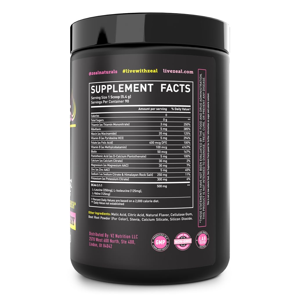 Zeal Naturals Electrolyte Powder Recovery Drink (90 Servings | Lemon Berry) w/ 0 Sugar +BCAAs +B-Vitamins Electrolyte Supplement w Potassium Zinc & Magnesium for Hydration - Keto Electrolytes