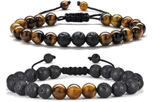M MOOHAM Beaded Bracelets for Mens Gifts - Natural Stone 8mm Tiger Eye Matte Agate Lava Rock Bracelets for Men Teen Boys Birthday Anniversary Christmas Gifts for Men Teens Grandpa
