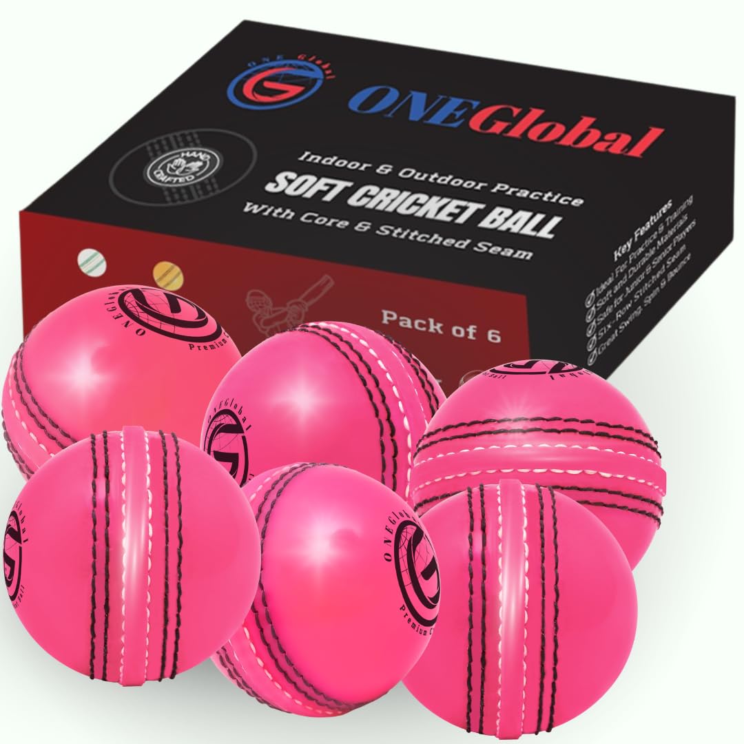 ONEGlobal Incrediball Soft Practice Cricket Ball | Outdoor & Indoor Rubber Cricket Ball With Core & Stitched Seam | For Practice, Training & Family Fun | Senior & Junior Size (6 Pink, Senior)