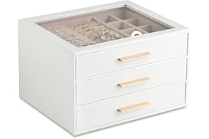 Frebeauty Clear Lid Jewelry Box,3-Layer Jewelry Organizer with Drawer,PU Leather Jewelry Organizers and Storage,Jewelry Boxes for Women,Jewelry Storage for Rings Earring Stud,Gift for Women(White)