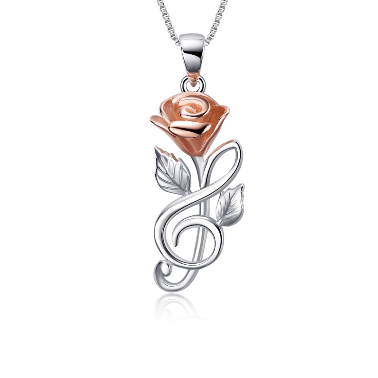 YAFEINI Rose Flower Necklace 925 Sterling Silver Musical Note Pendant Necklace 14K Rose Gold Plated I Love You Forever Jewellery Gifts for Women Her