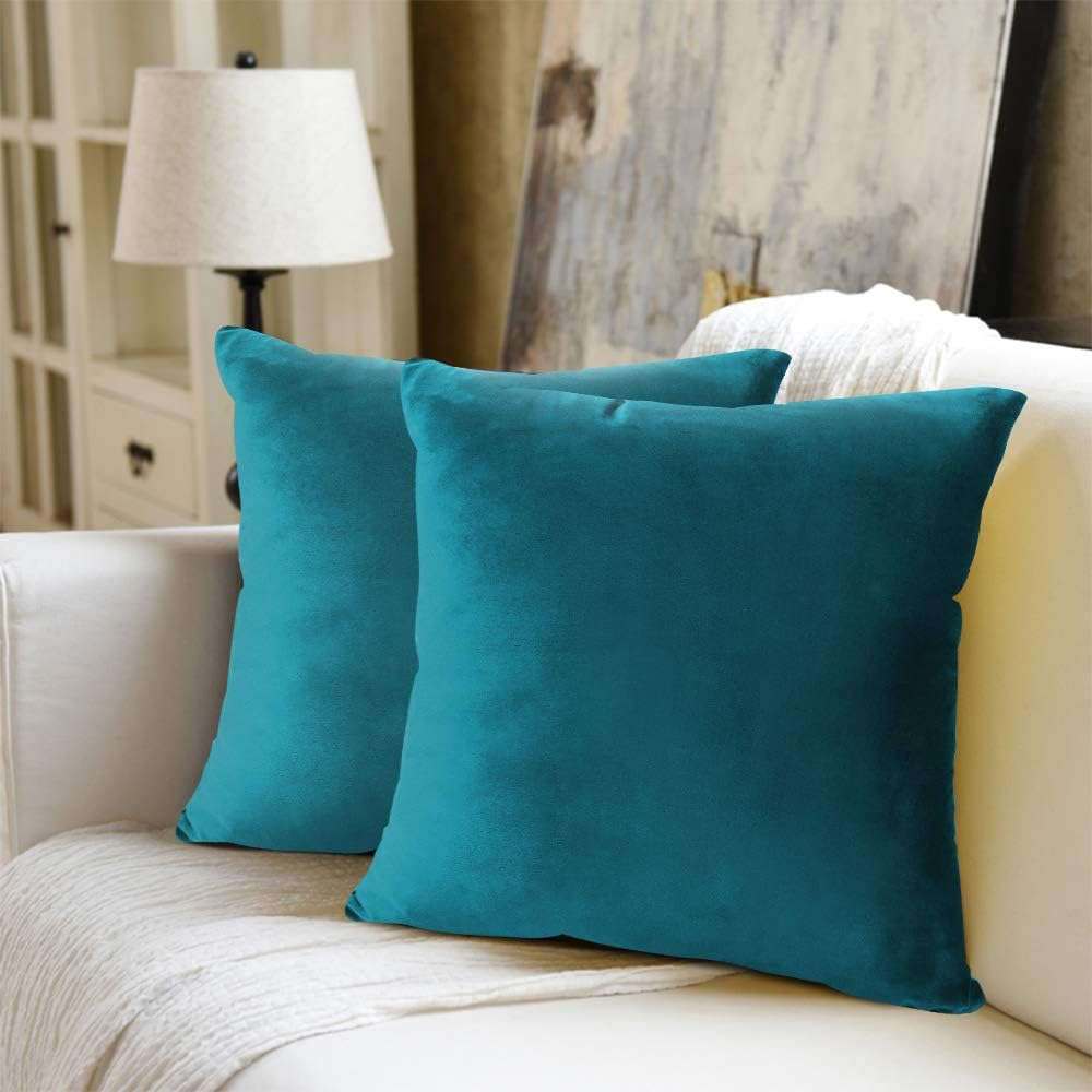 WEYON Velvet Soft Decorative Square Throw Pillow Case Cushion Covers Pillowcases for Sofa Bedroom with Invisible Zipper 2 Pack 18"x18"(Teal)
