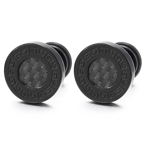 Herren Ohrringe Edelstahl Ohrstecker Fake Plugs Tunnel Gauges mit Kohlefaser-Einlage Griechischen Schlüsselmuster