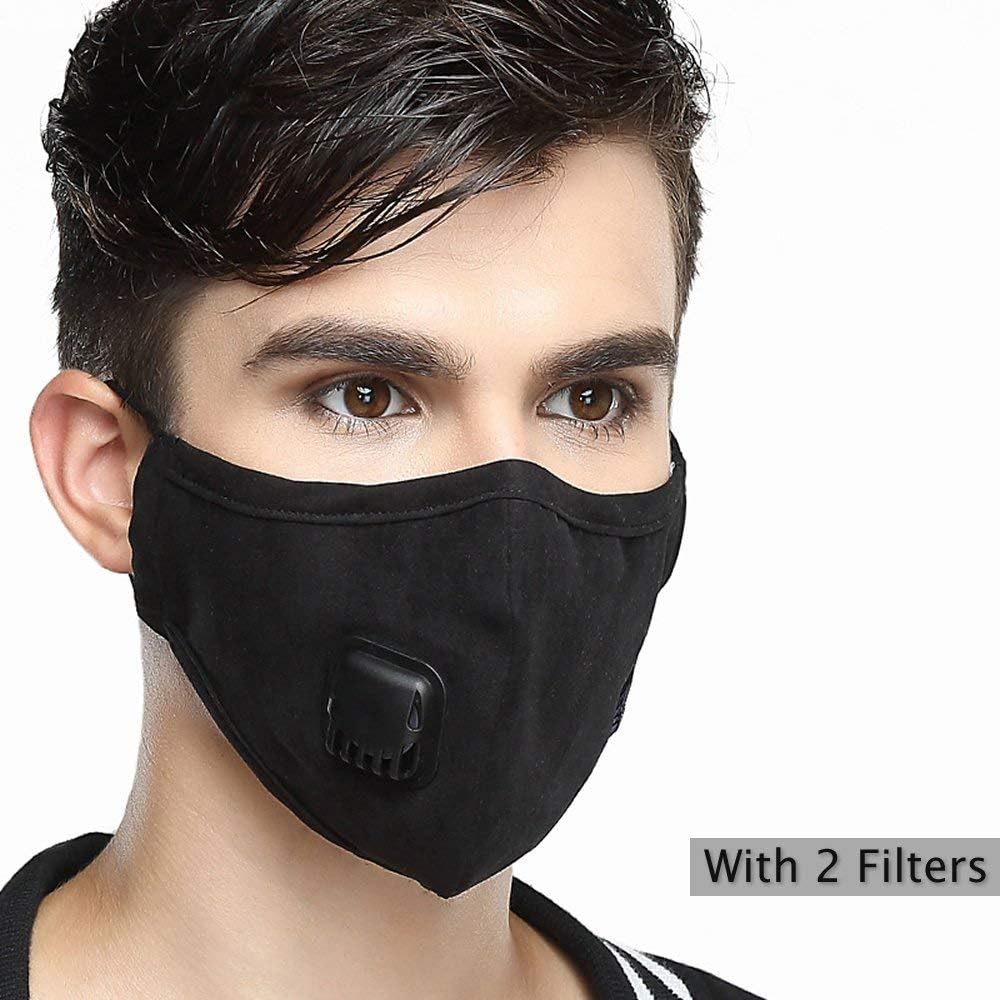 Reusable Comfy Respirator (One Mask + 2Filters) Mask Washable Cotton Mouth Masks with Valve Replaceable Filter Activated Carbon Dustproof/Dust Mask-Running/Cycling/PM2.5/Outdoor-Men Black