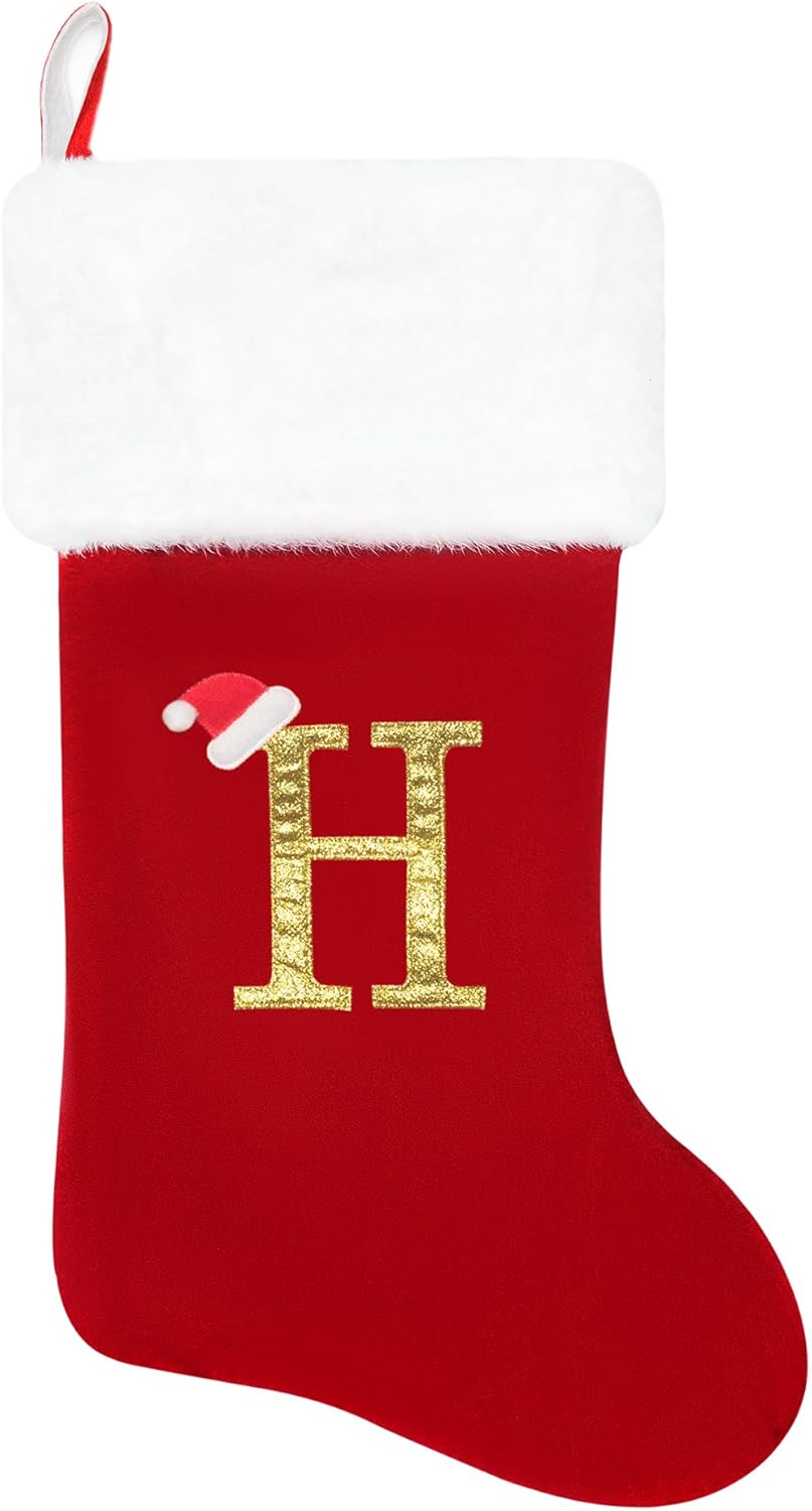 Stockings & Holders - Dbfengbilian 20 Inches Christmas Stockings with Customizable Letters, Large Christmas Stockings with Super Soft Plush Cuff Embroidered Letter - H