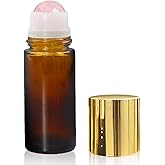 Warmify Rose Quartz Roller Bottles for Essential Oils, 50ml Refillable Amber Glass Roll On Bottles with Natural Crystal Roller Balls, Leak-Proof Travel Perfume Bottle with Gold Caps