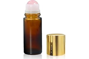 Warmify Rose Quartz Roller Bottles for Essential Oils, 50ml Refillable Amber Glass Roll On Bottles with Natural Crystal Rolle