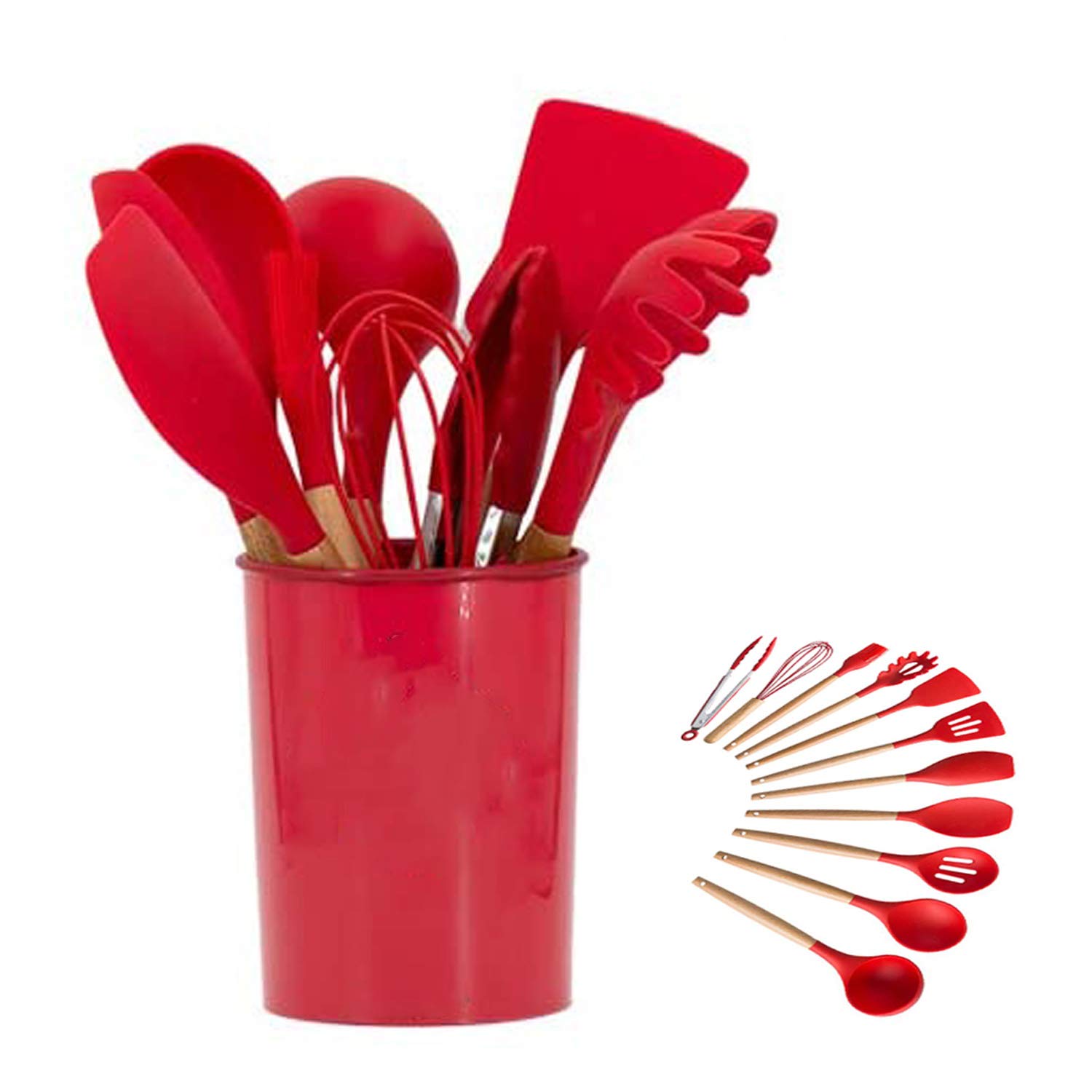 Silicone Cooking Utensils Kitchen Utensil Set - 446°F Heat Resistant,Turner Tongs,Spatula,Spoon,Brush,Whisk. Wooden Handles Gray Kitchen Gadgets Tools Set for Nonstick Cookware (BPA Free) (Red-12pcs)