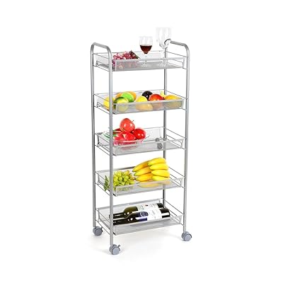 Homfa 5-Tier Mesh Rolling Cart with Steel Wire Shelving, Silver