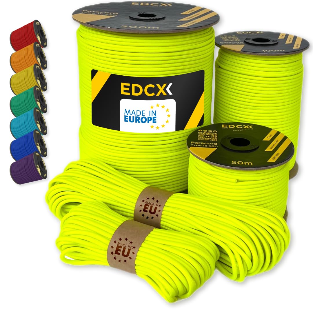 EdcX Paracord 4mm, 35+ Solid Colors (10m, 15m, 30m, 50m, 100m, 300m) | Ideal for Crafting, DIY, Camping, Survival, Outdoor | 100% Nylon Rope 4mm | Tactical Cord 550 Type III (Sofit Yellow, 300 m)