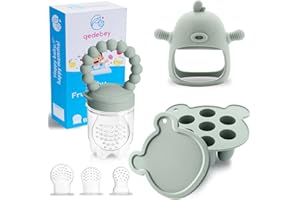 GEDEBEY Baby Fruit Food Feeder Breastmilk Popsicle Molds for Teething Relief - 3 Pack Feeding Sets - 1 Freezer Tray with Lid & 1 Teether Toy & 1 Silicone Pacifier + 3 Extra Sizes Infant Feed Mesh (Pea Green)