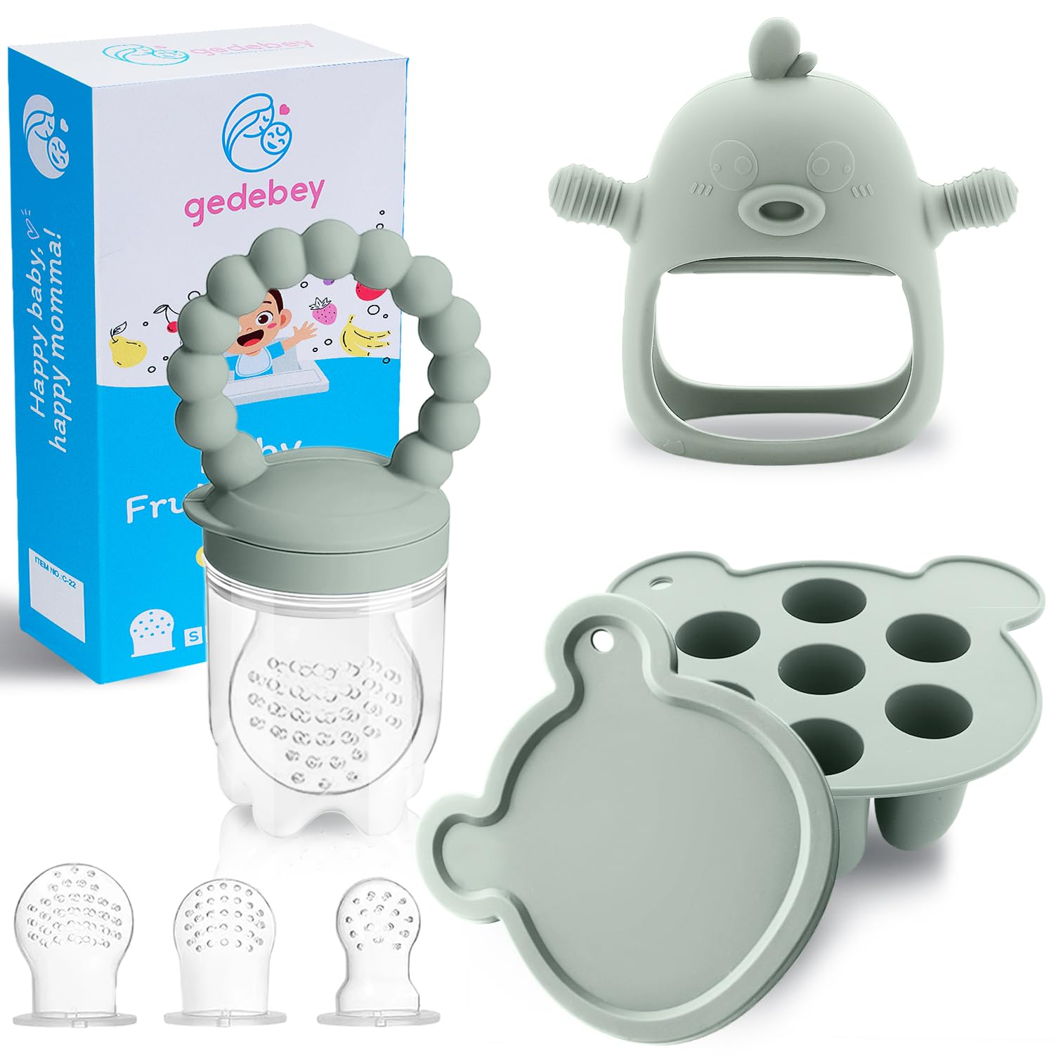 Photo 1 of Gedebey Baby Fruit Feeder & Breastmilk Popsicle Mold Set – 3 Pack Silicone Teething Relief Kit with Food Feeder Pacifier, Freezer Tray with Lid & Baby Teether Toy (Pea Green)