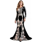 Halloween Dresses for Women Skeleton Dress Long Sleeve Gothic Print Maxi | Halloween Dresses Velvet Floral Soft Costume Fall Winter Long Sleeve Retro Elegant Witch Dress, Cosplay Party Costume