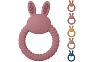 ROISDIYI Easter Baby Teething Toys Bunny Baby Teether Toys Baby Easter Basket Stuffers Easter Gift Easy to Clean Teething Ring (Dark Pink)