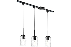 BONLICHT Modern Track Lighting Pendant 3 Pack H-Type Black Pendant Light Fixture with Track Light Rail H Track Floating Canopy Connector and Hammered Glass, Kitchen Island Dining Room Hanging Light
