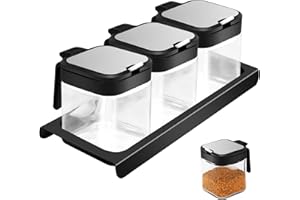 GothaBach 3 Boxes Condiment Jar Spice Container Set, 8.6oz Clear Glass Condiment Canisters Pots, Spice Jars with Lids and Spoons, Seasoning Box Salt Sugar Container for Kitchen (Black)