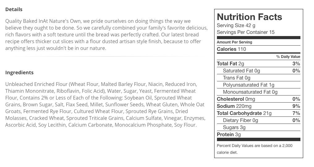 Natures Own Crafted Multigrain Bread Nutrition Runners High Nutrition