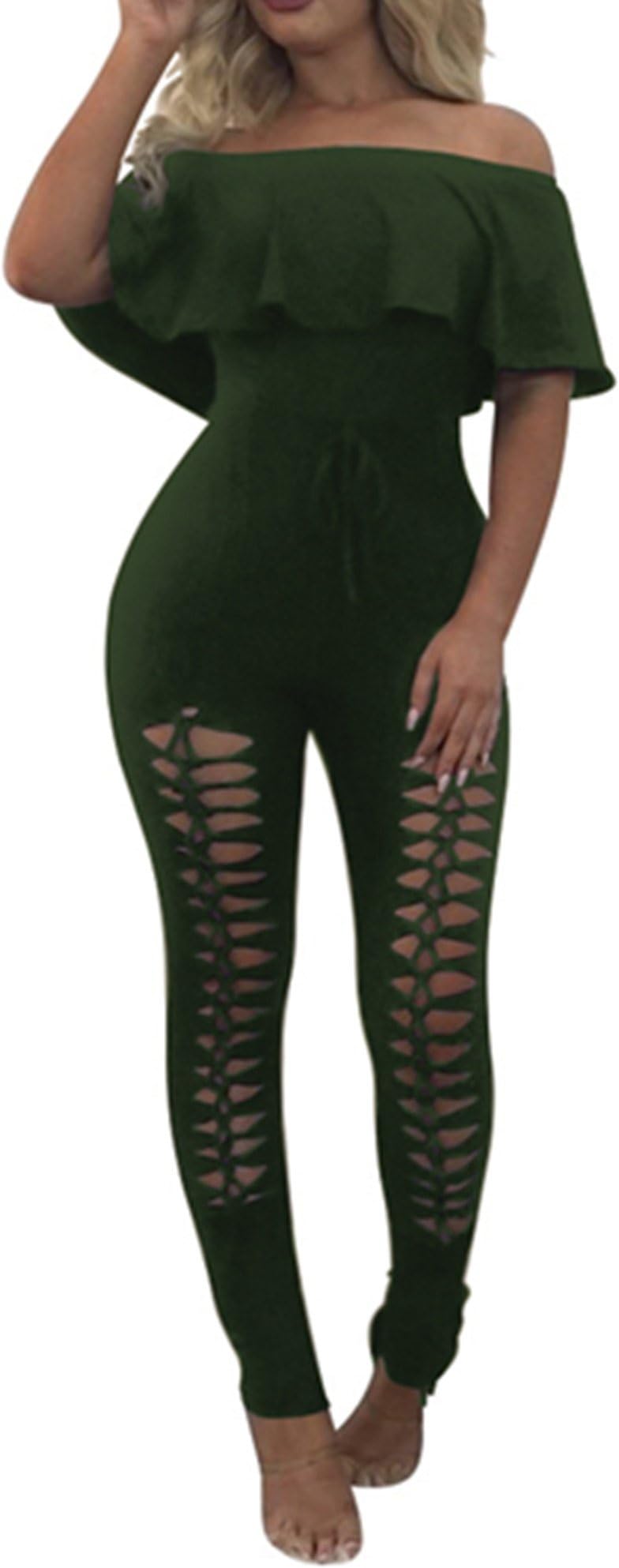 Lyheller Women Sexy Ruffle Off Shoulder High Waisted Long Pants Bodycon Party Club Jumpsuit Romper (Small, Army Green)