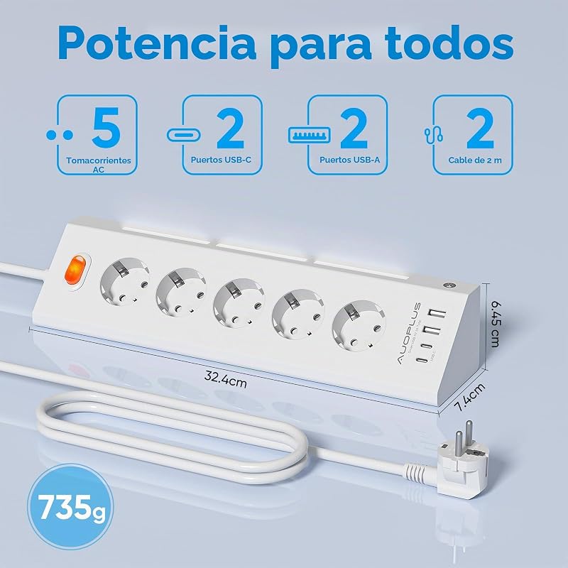 Regletas Enchufes con USB Multiple con 5 Toma de Corriente y 4 USB Puertos — foto 2 de 8