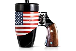 Pukomc Gun mug,Ceramic Coffee Mug,Fathers Day Dad Gifts, Birthday Gifts for Men and Women Revolver Coffee Mug for Cappuccino Latte or Hot Tea (16OZ) (Black & Flag)