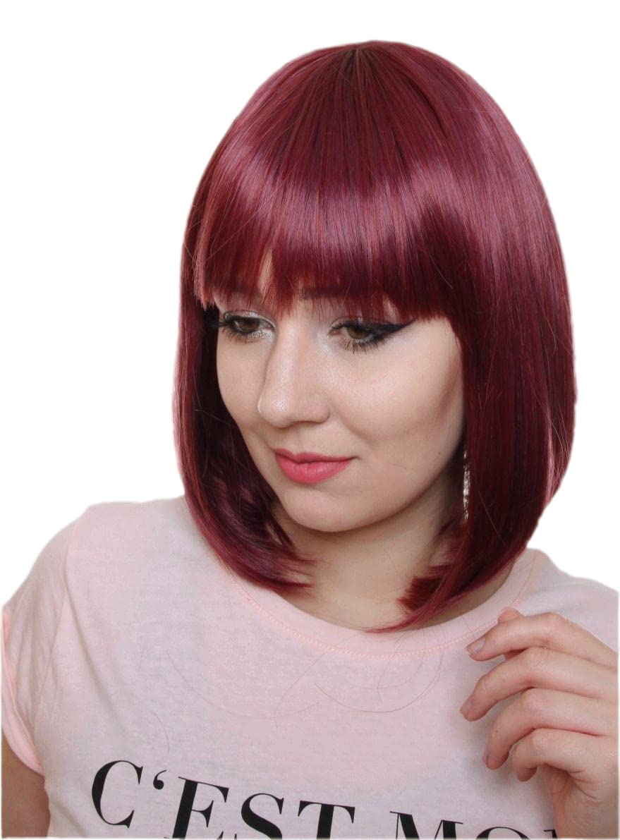 Prettyland Plum Red Purple Mid -length BOB Cut Short Hair Wig Straight Bangs Natural Matt for Daily Use C2436 — image 1