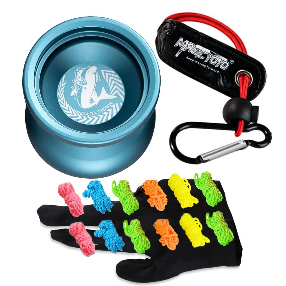 MAGICYOYO Professional Yoyo Shark Honor N12 Yoyo Long Time Spinning Yoyo, Sand Blasted Finish Yoyo with 12 Yoyo Strings, 1 Yoyo Holster, 1 Yoyo Glove (Blue)