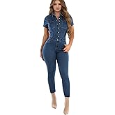 Wzmxtv Sexy Button Down Jumpsuit for Women Slim Fit Denim Long Jumpsuits Playsuit Lapel Jeans Rompers Overalls with Pockets
