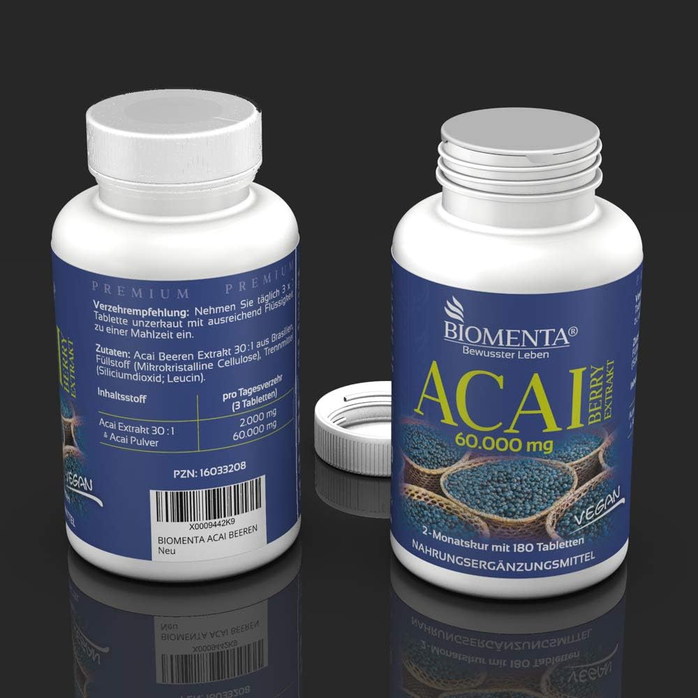 BIOMENTA ACAI PURE 60.000 mg | 180 vegana Acai Pastillas | por dos ...