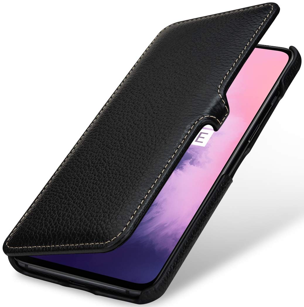 StilGut Book Type Flip Case for OnePlus 7, Genuine Leather OnePlus 7 Case with Closure, Black — image 1
