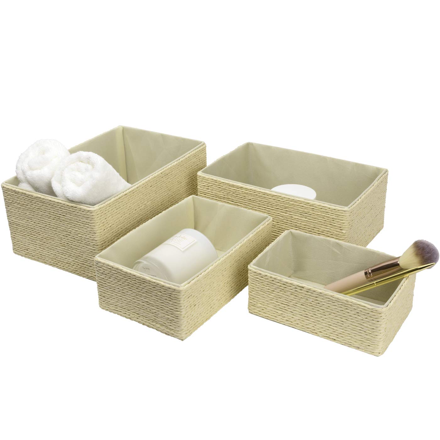 LA JOLIE MUSE Paper Rope Woven Storage Basket Set of 4 with Fabric Liner, Stackable Multipurpose Organizer Bin,Beige