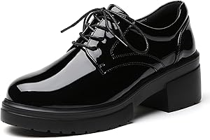 QJN Platform Oxfords for Women Chunky Oxford Heels Women's Pumps Lace Up Shoes Office Work Ladies Casual Business Dress Shoes
