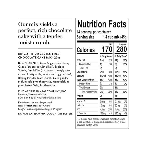 KING ARTHUR GLUTEN FREE CHOCOLATE CAKE MIX: RICH, MOIST, AND DELICIOUS DESSERT FOR BIRTHDAYS AND SPECIAL OCCASIONS – NON-GMO, KOSHER, NON-DAIRY BAKING MIX (22 OZ)