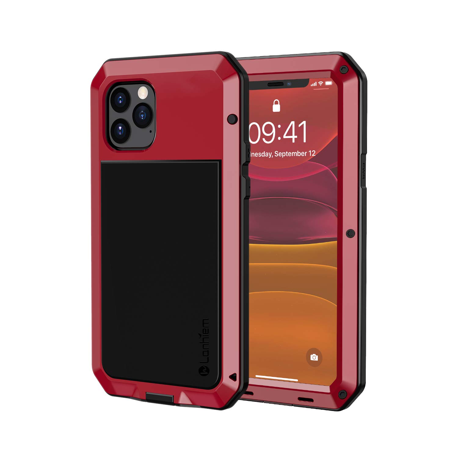 Lanhiem iPhone 11 Pro Case, Heavy Duty Shockproof Tough Armour Metal Case with [Tempered Glass Screen Film], 360 Full Body Protective Case Cover for iPhone 11 Pro -Red
